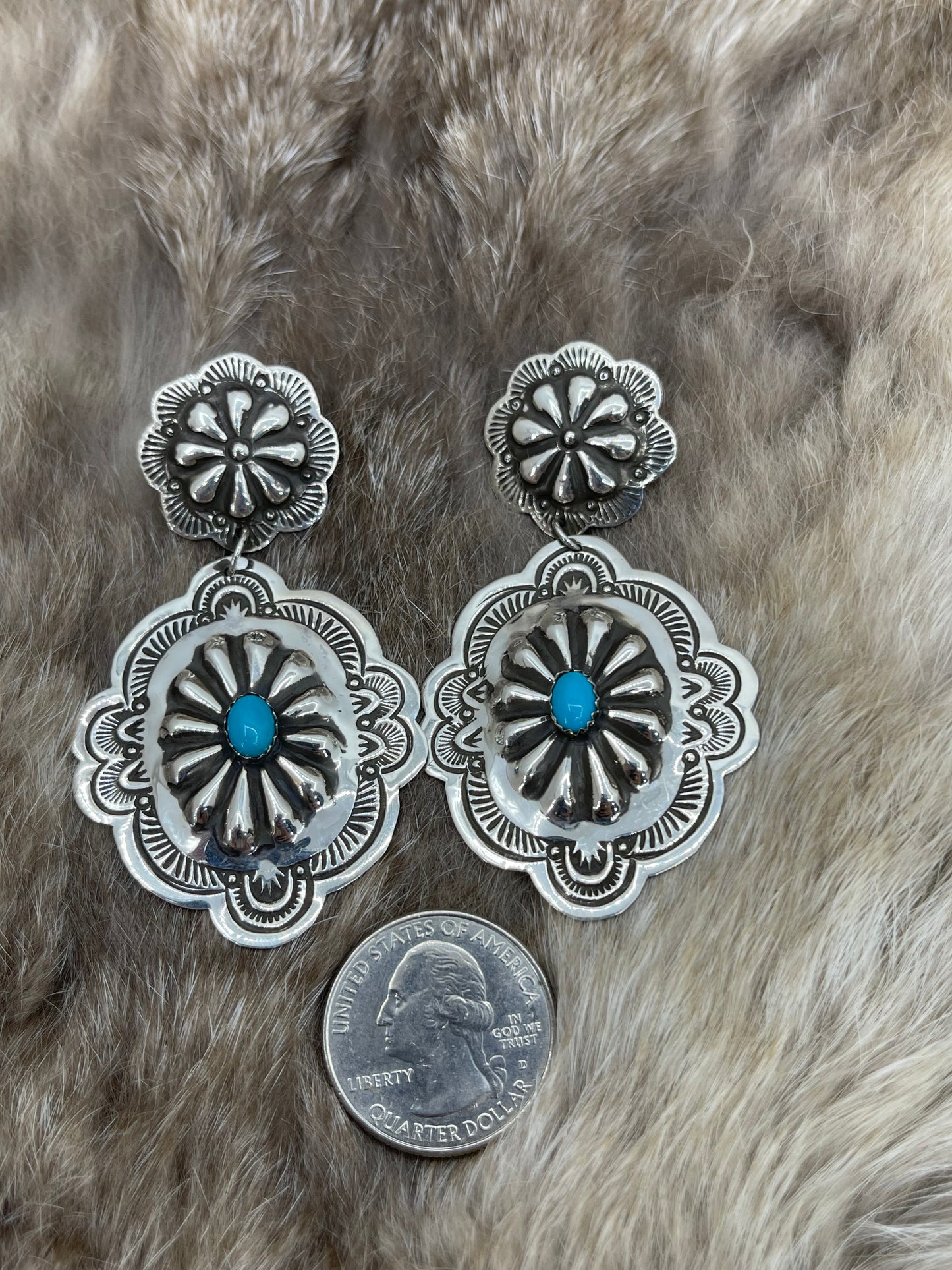Lightweight Double Concho with Turquoise Earrings by Genevive Blackgoat, Navajo