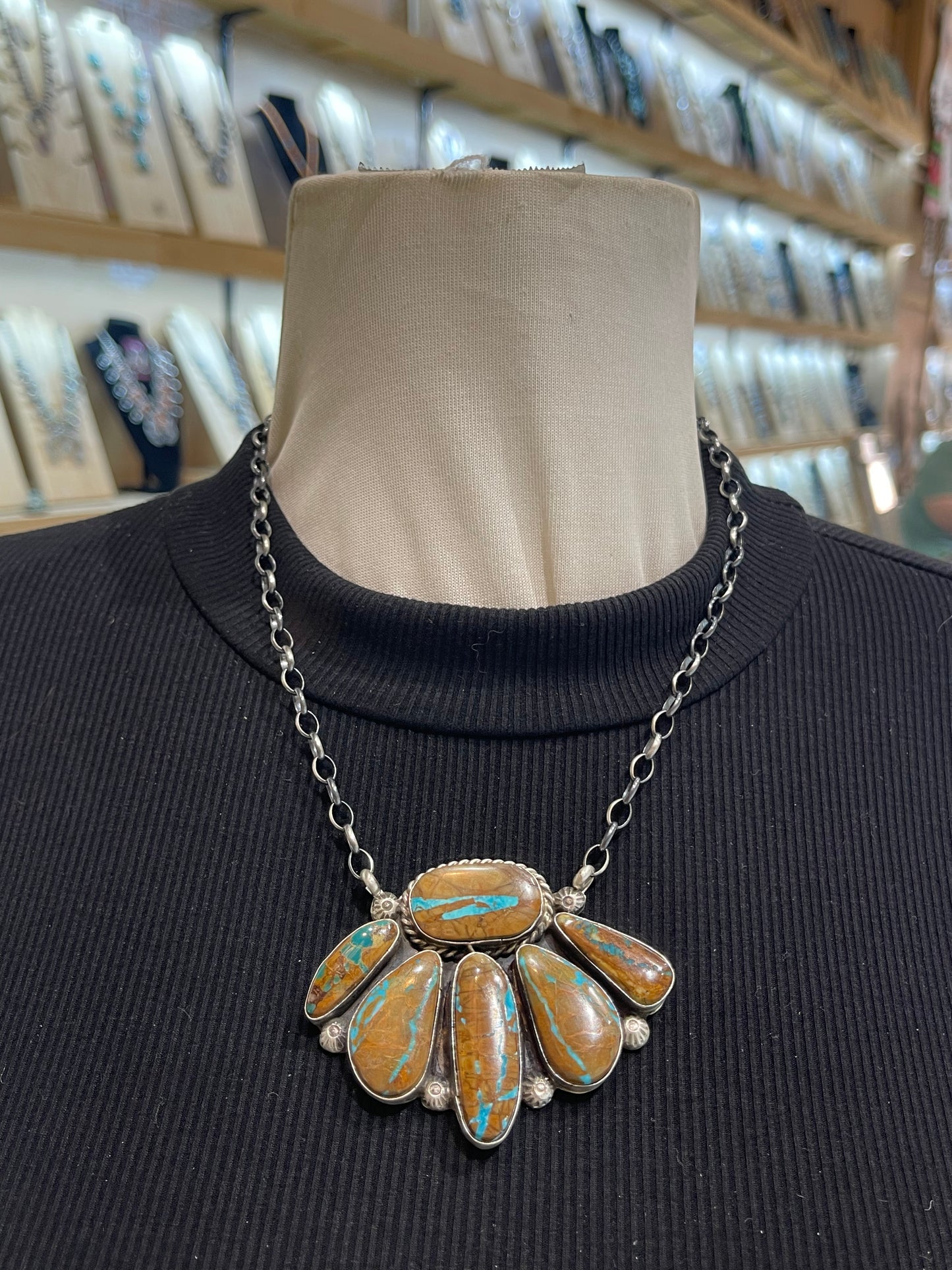 19" Boulder Ribbon Turquoise Half Cluster Necfklace by Augustine Largo, Navajo