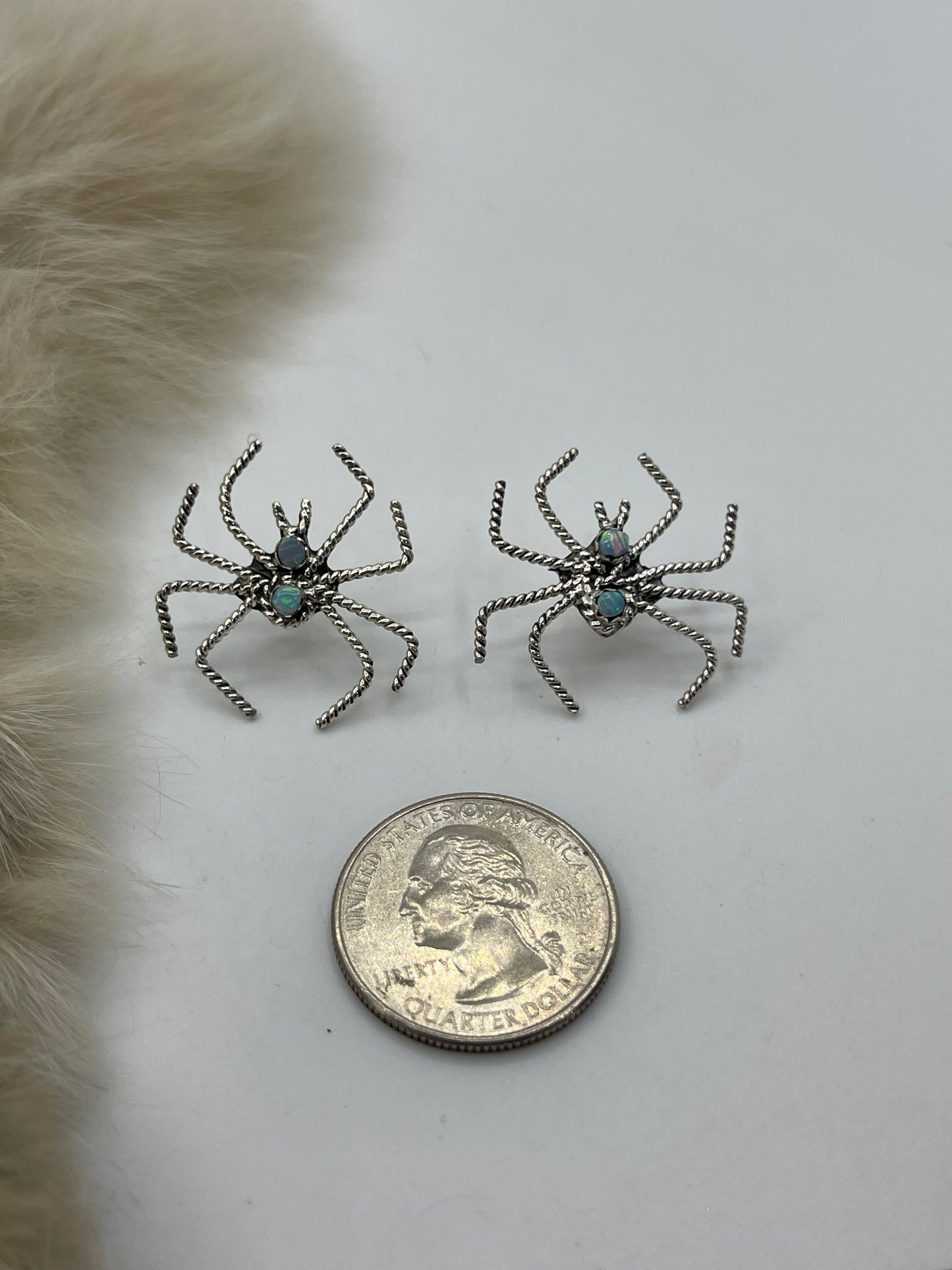 White Opal Spider Post Earrings by Gilbert Weebothee, Zuni