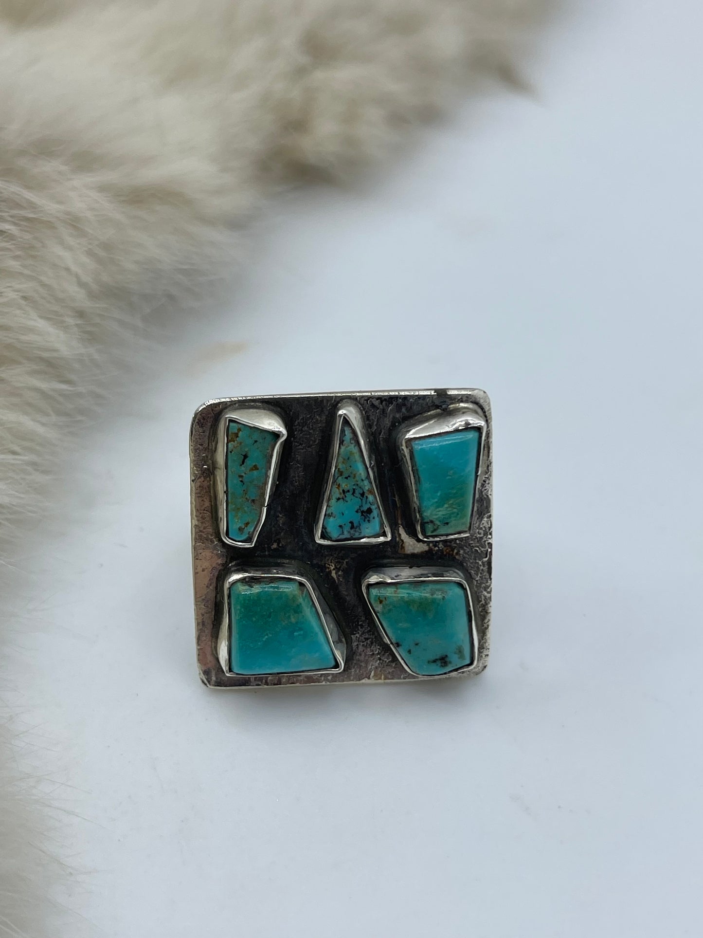 7.5 5 Stone Square Ring by Jude Candelaria, Zuni