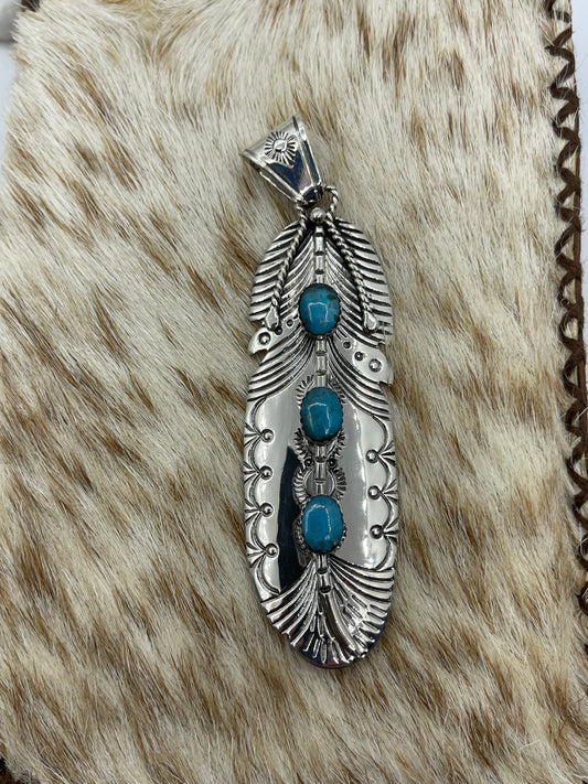 Stamped Feather Pendant with 3 Turquoise Stones