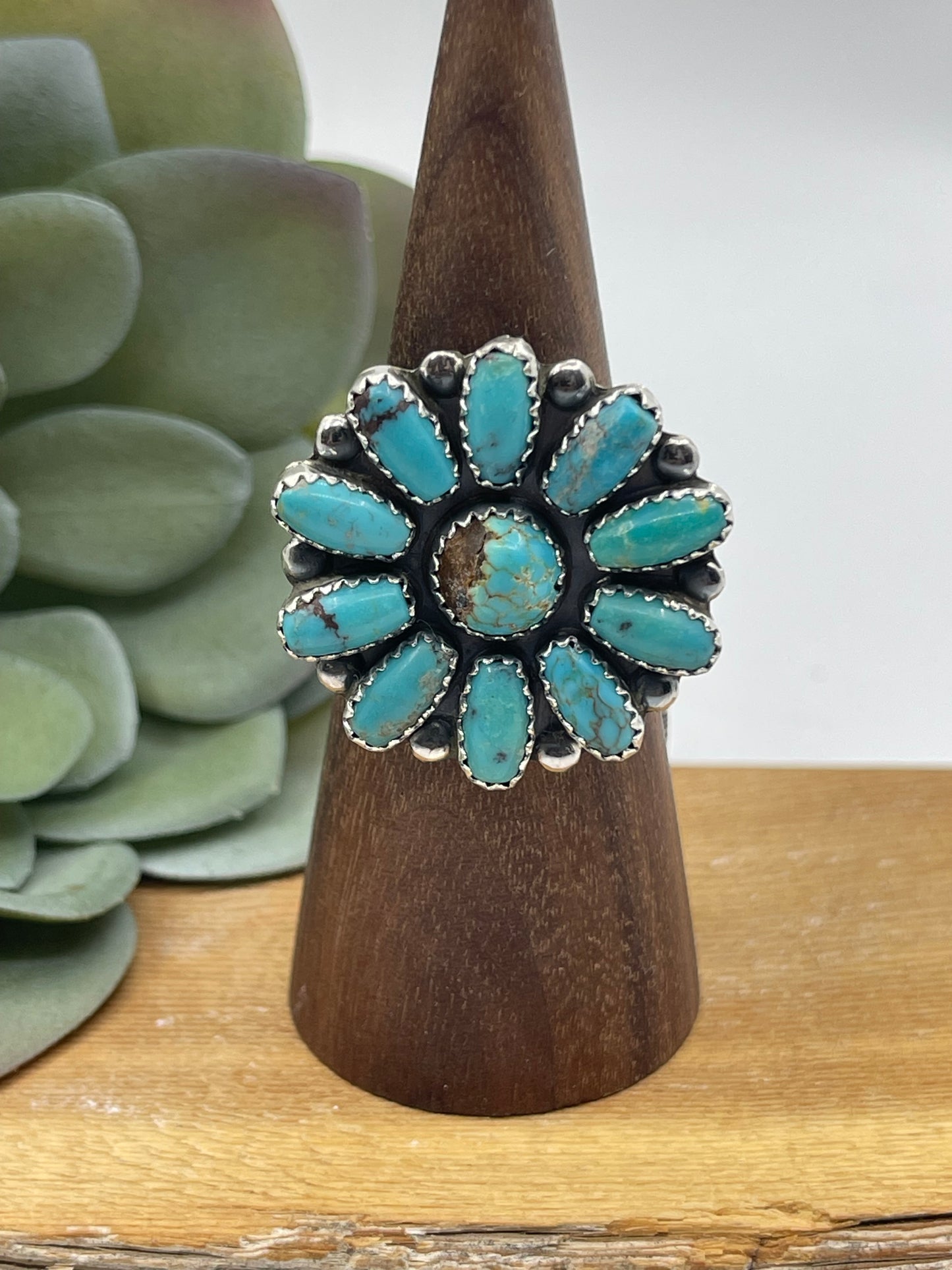 7.0 Kingman Turquoise Cluster Ring by Cordell Wilson, Navajo