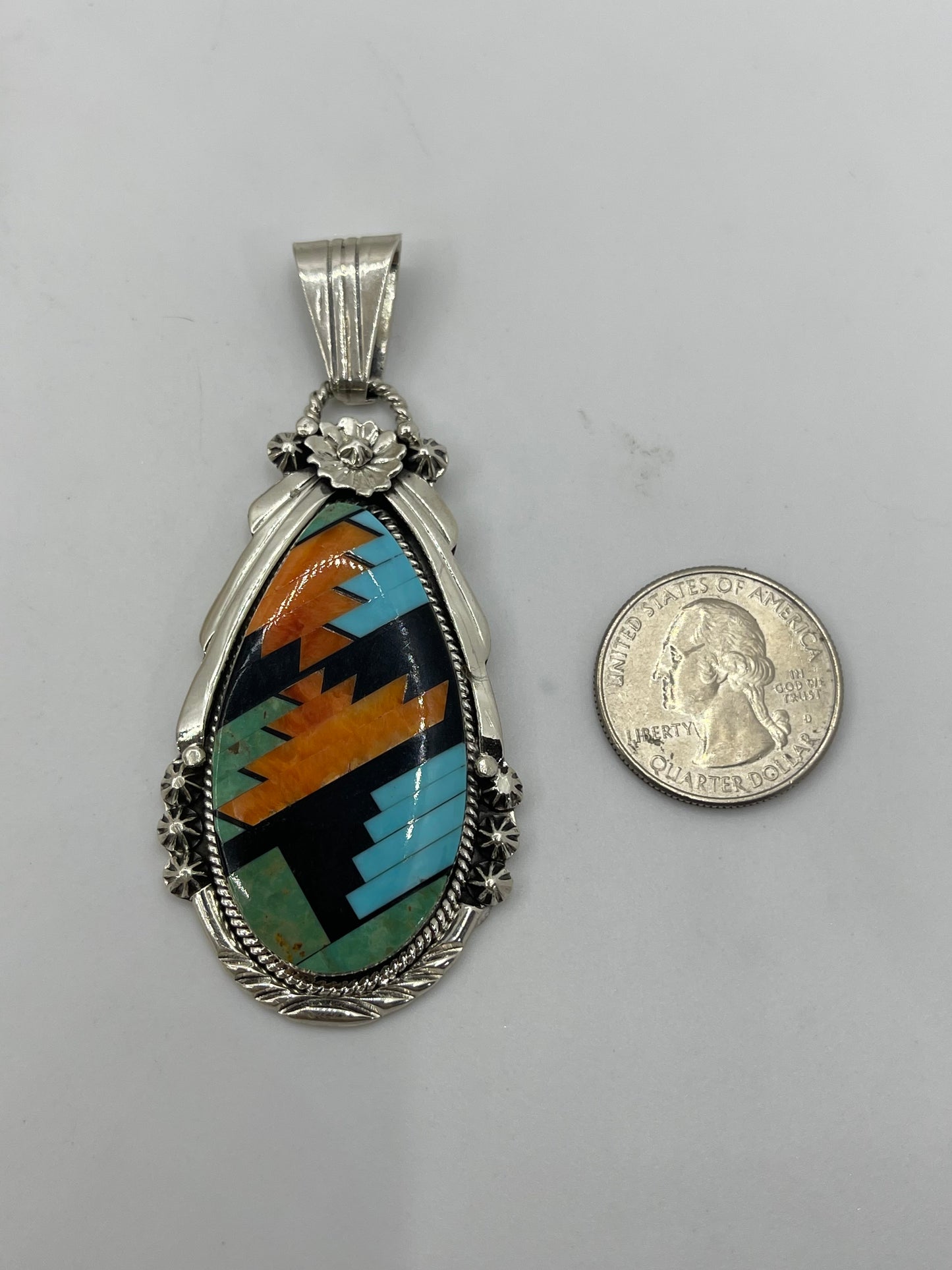 Multi Stone Inlay Teardrop Pendant with a 4.6mm Bale by Clayton Tom, Navajo