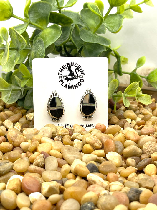 Onyx & Opal Inlay Earrings by James Manygoats, Navajo