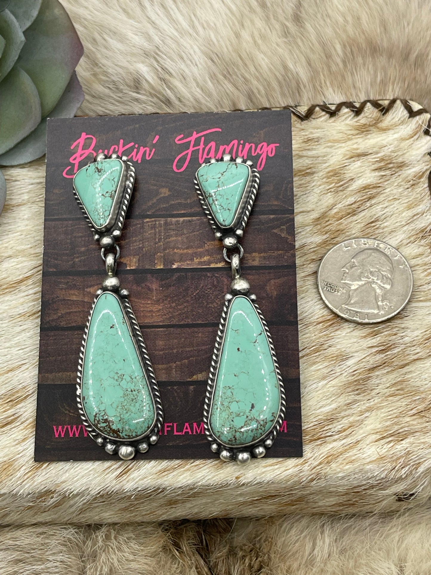 2 Stone Kingman Turquoise Drop Post Dangle Earrings by Elouise Kee, Navajo