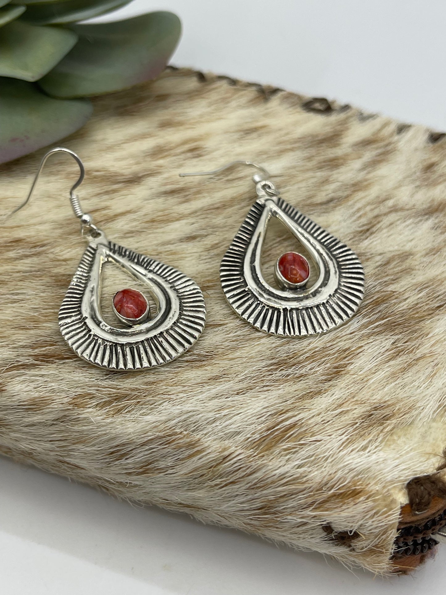 LOT 62 B 1/4 Stamped Teardrop Earrings with Red Spiny Oyster
