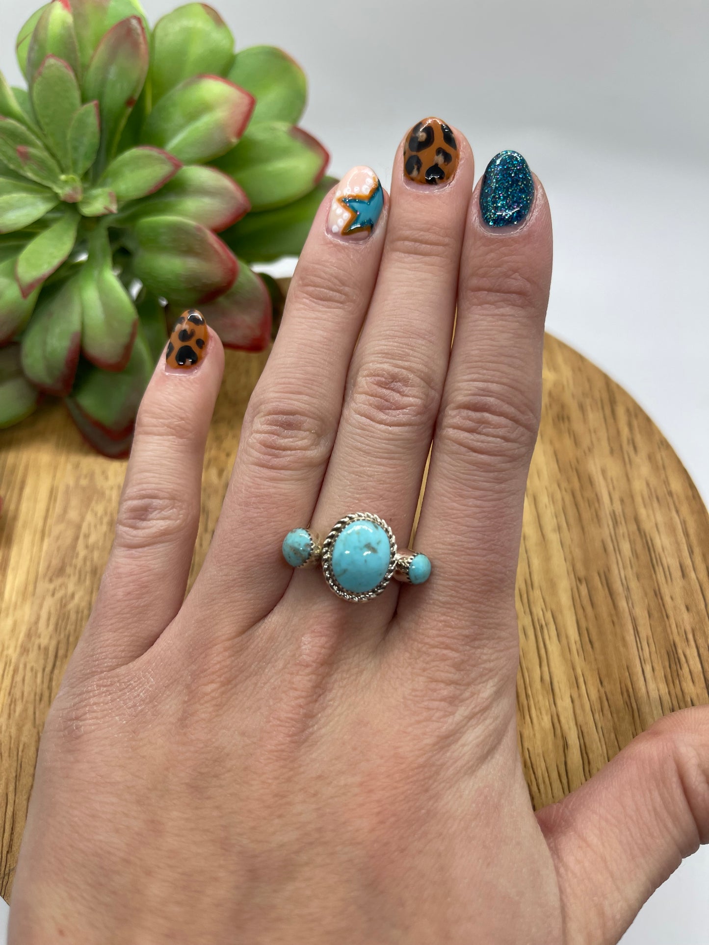 5.0 3 Stone Turquoise Ring by Dorothy Lee, Navajo