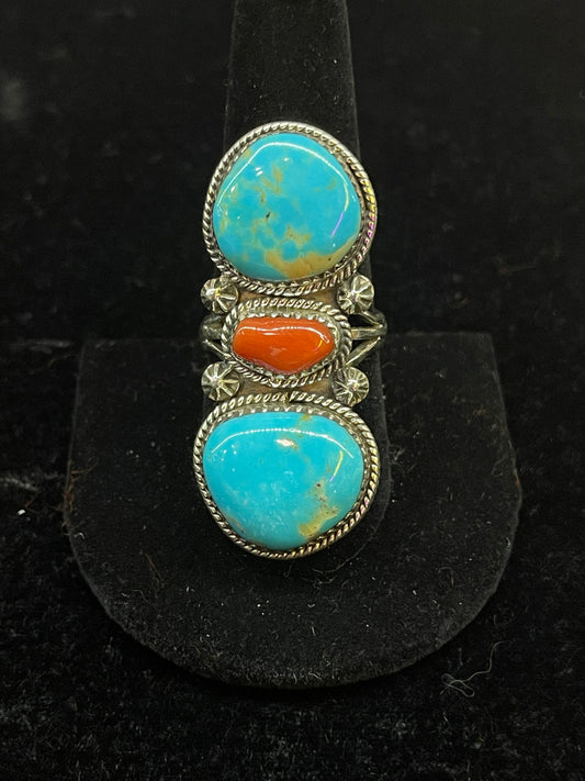 Cripple Creek Turquoise and Coral Adjustable Ring