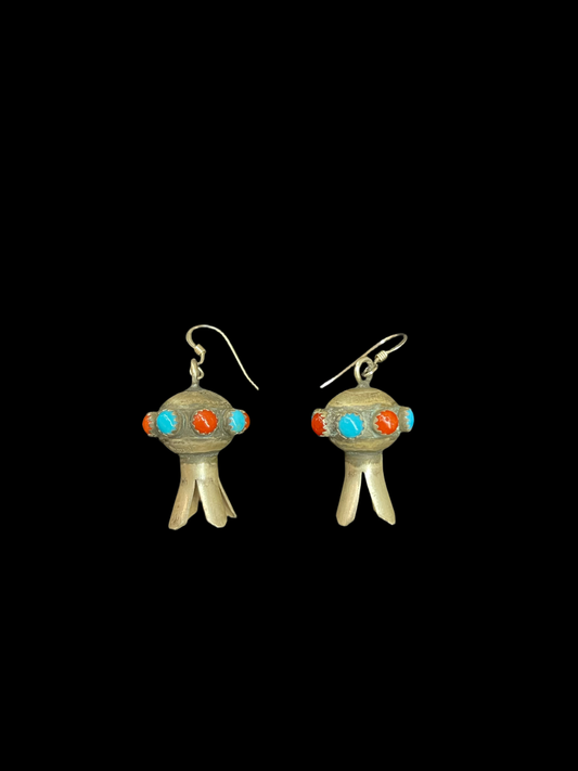 Sleeping Beauty Turquoise and Red Coral Shell Blossom Hook Dangle Earrings by Salina Warner, Navajo