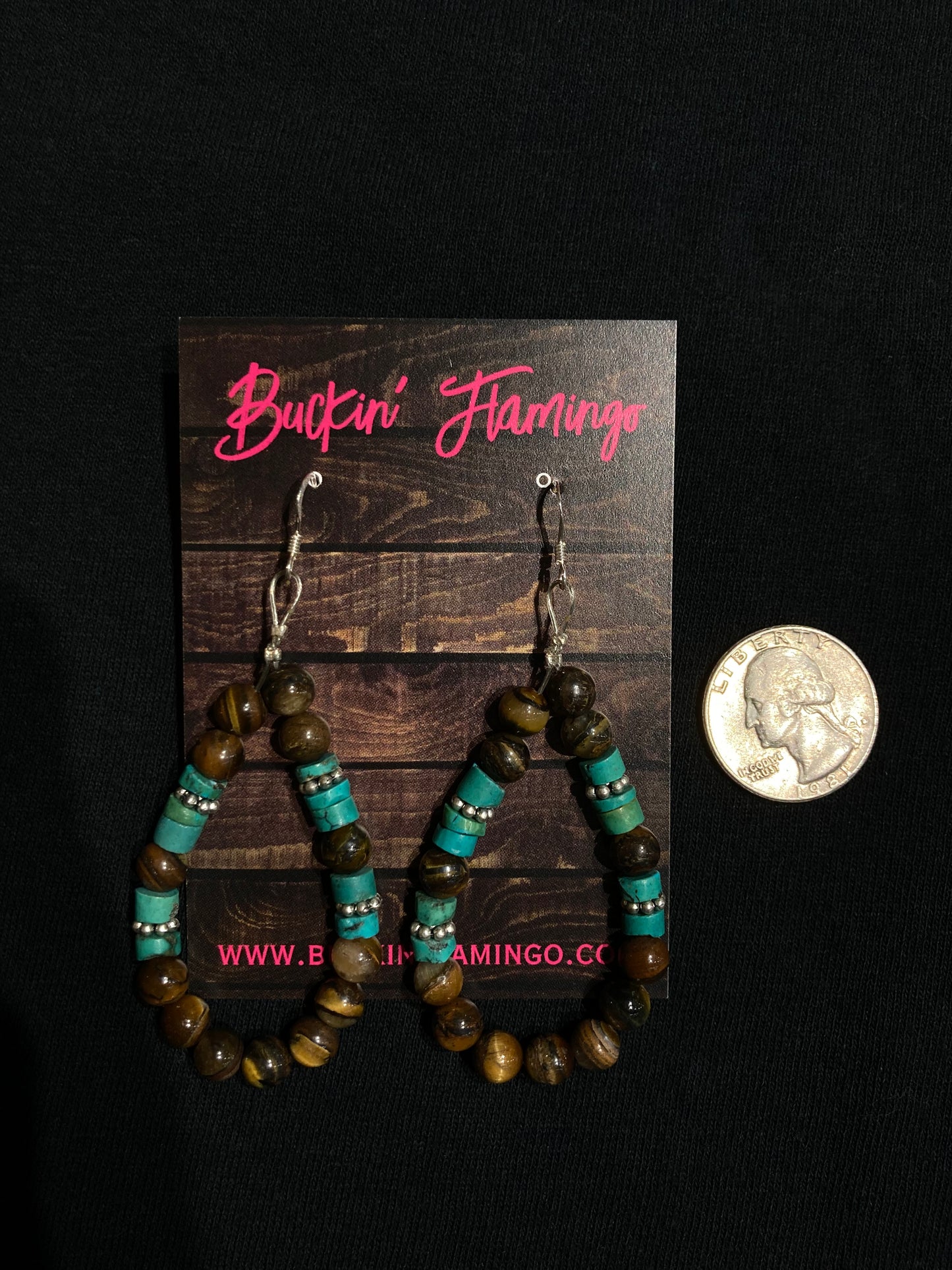 Tigers Eye and Turquoise Heishi Bead Dangle Teardrop Earrings by T and R Singer, Navajo