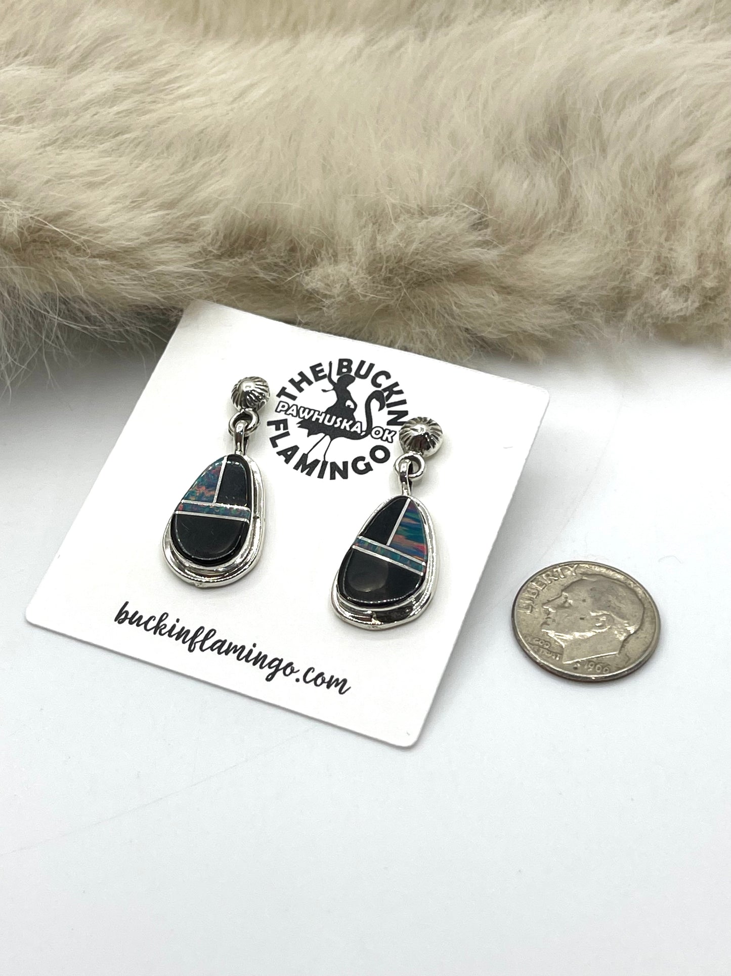 Opal and Onyx Earrings by James Manygoats, Navajo