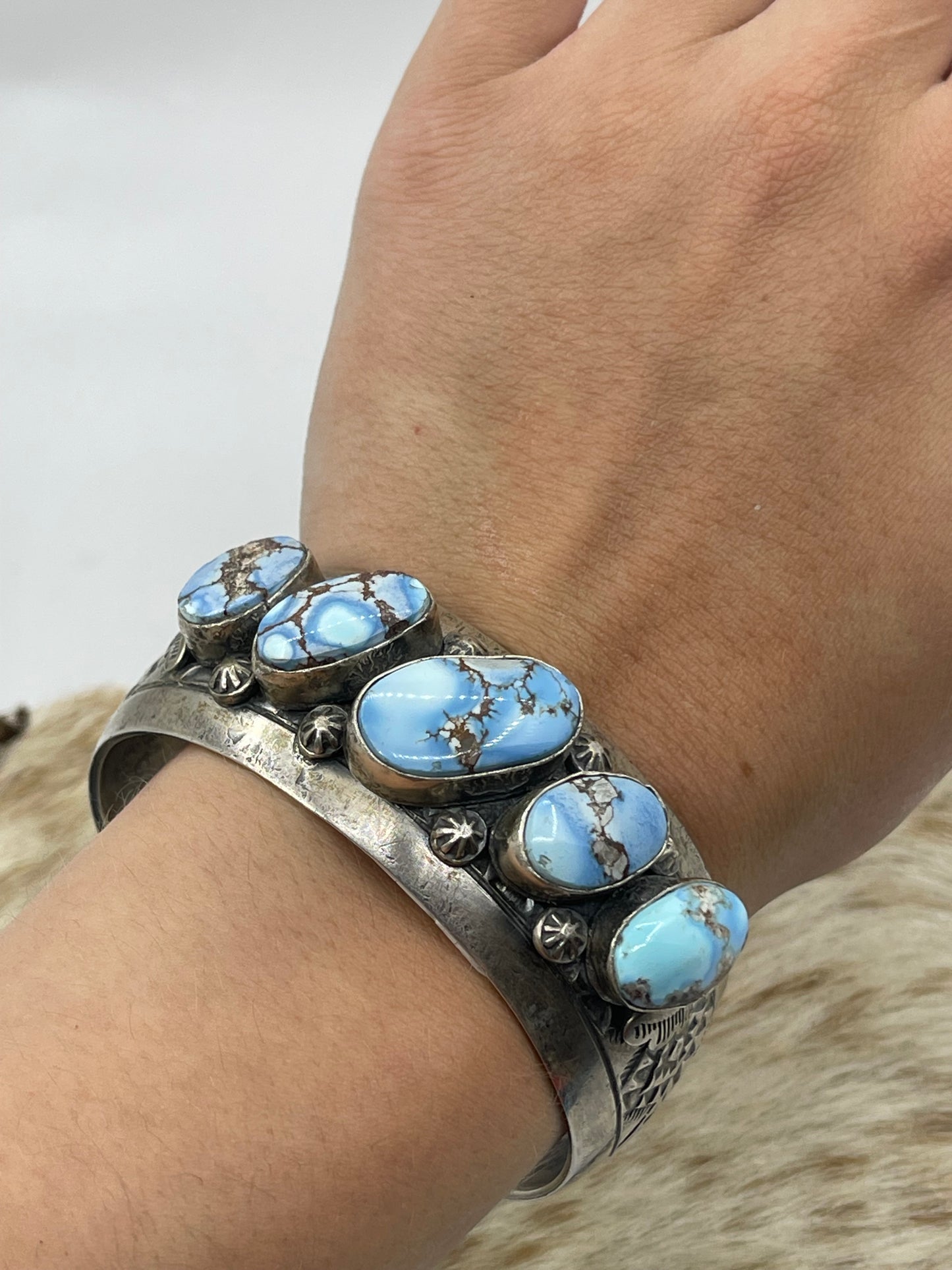 6 1/2"-6 3/4" 5 stone Golden Hills Turquoise Cuff by Boyd Ashley, Navajo