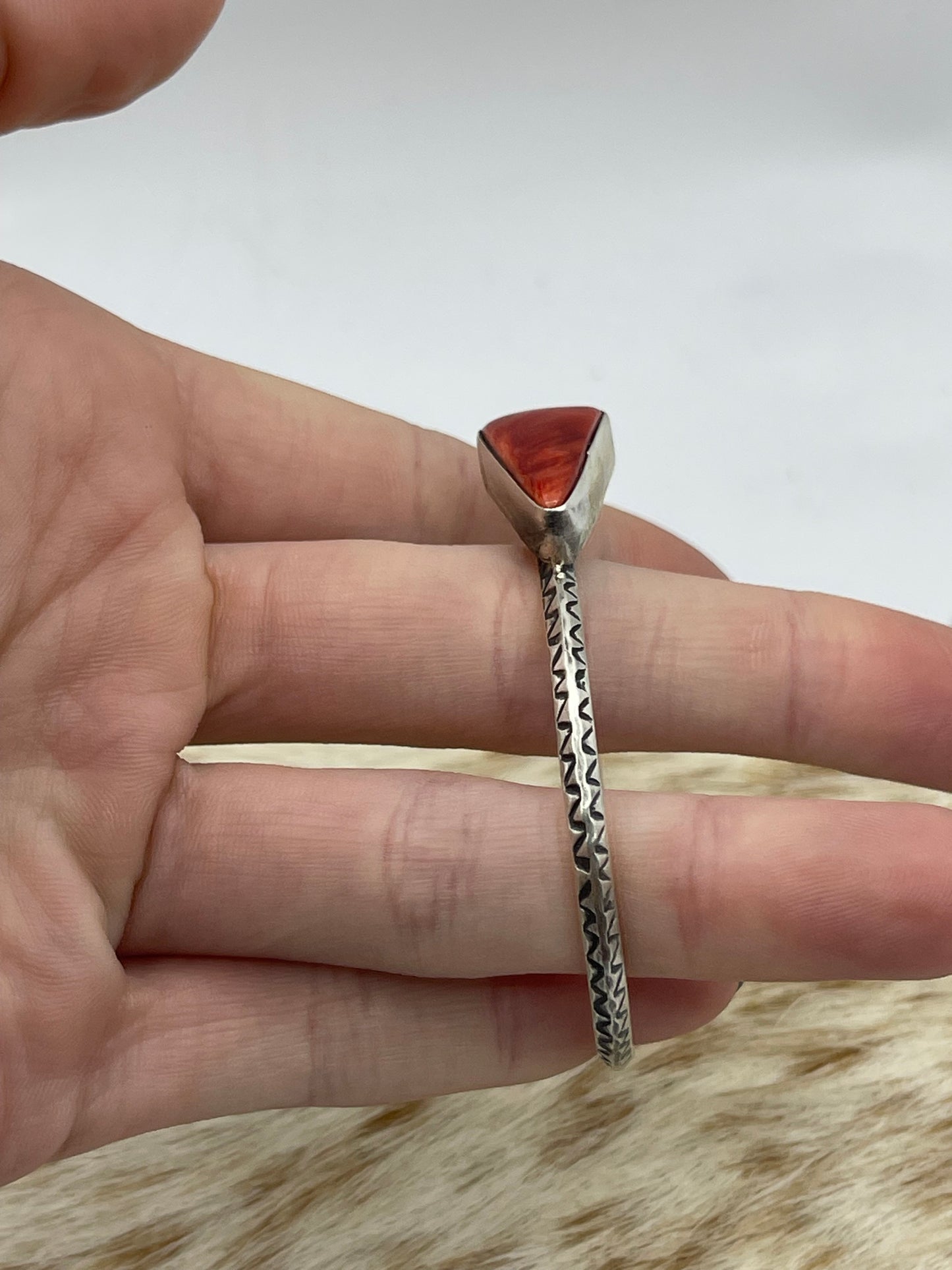 5 1/4"-7 1/2" Red Spiny Oyster shell Triangle Wire Cuff by Judith Dixon, Navajo