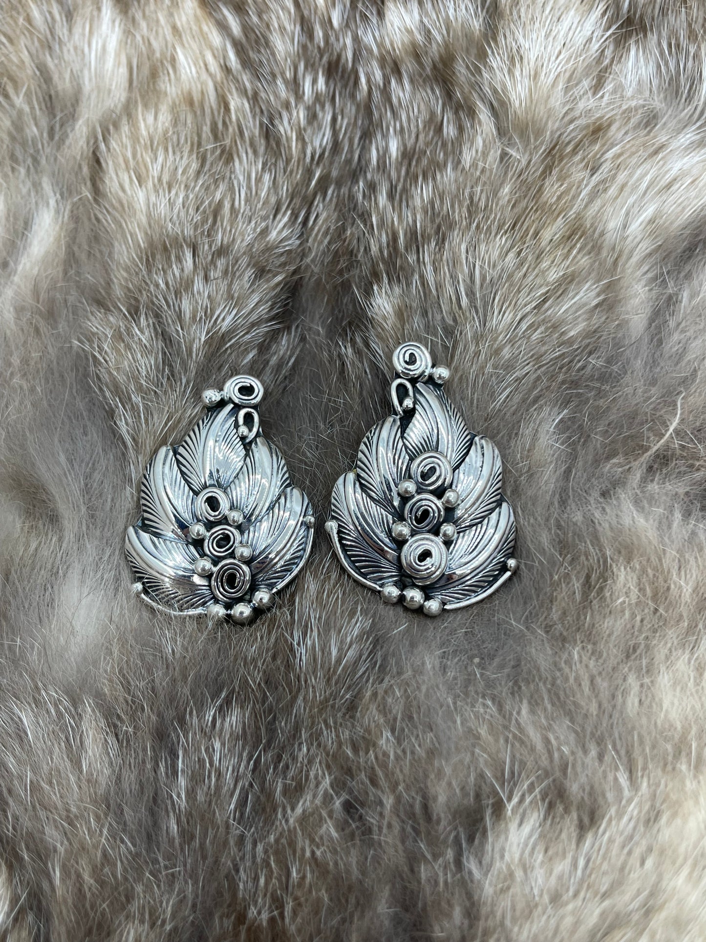 Silver Feathers & Spiral Post Earrings by Darrell Morgan, Navajo