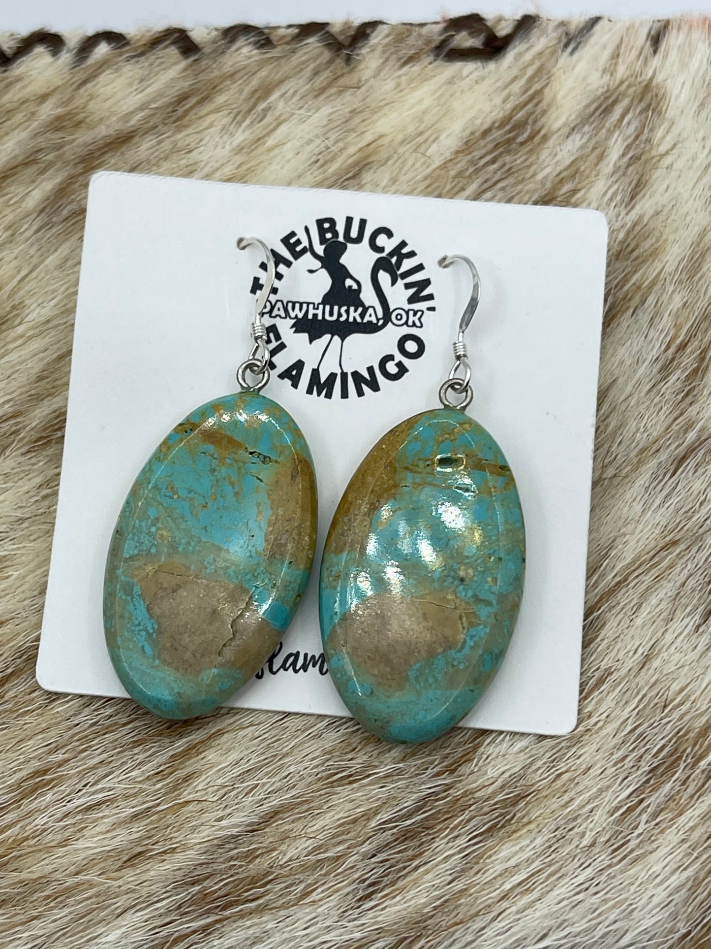 Turquoise Oval Rounded Edged Slab Dangle Earrings, Santo Domingo