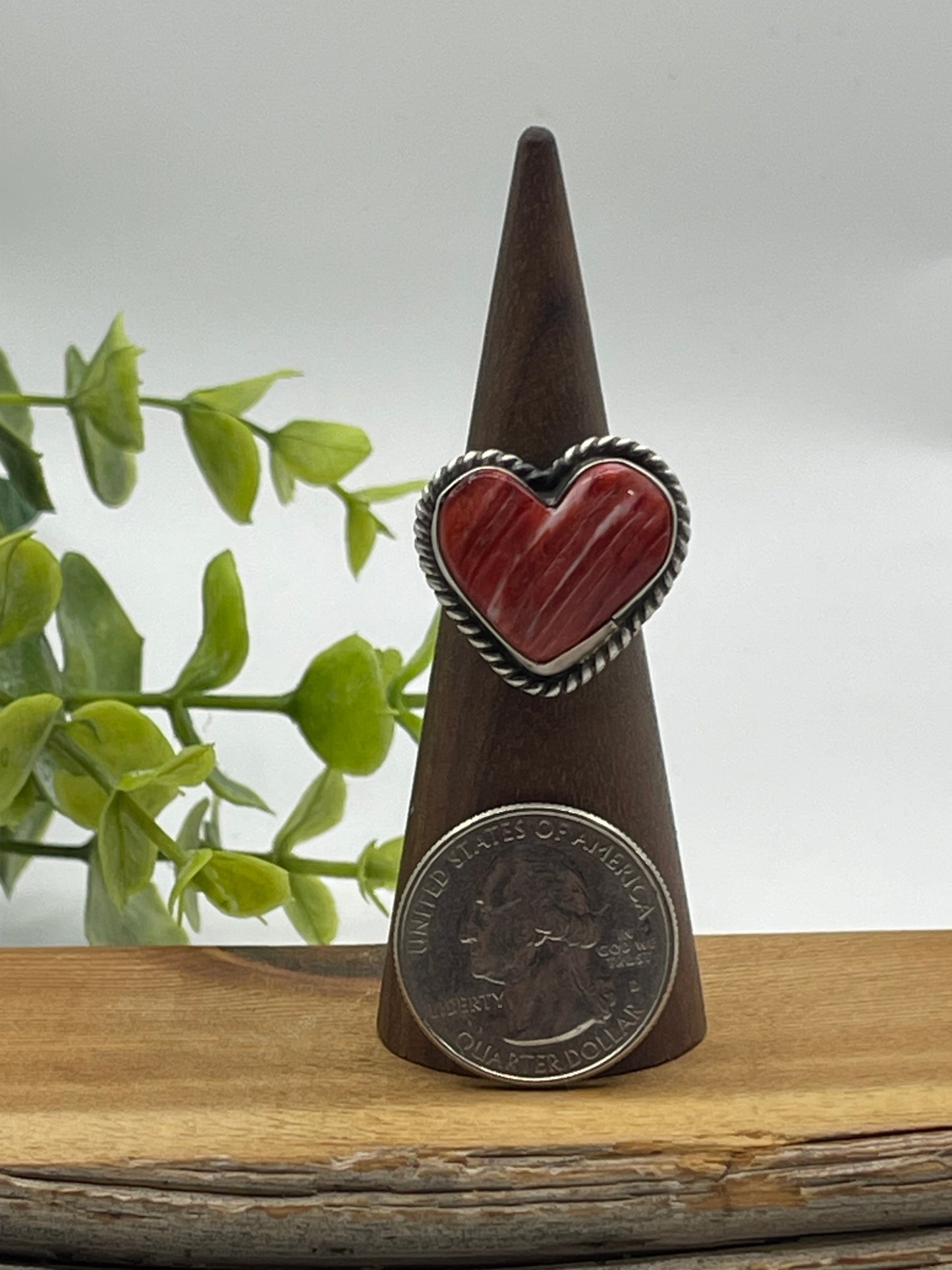 Red Spiny Oyster Heart Ring by Loretta Chee, Navajo