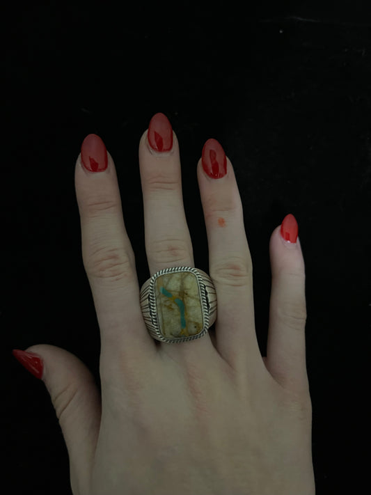 12.0 Royston Ribbon Turquoise Rectangle Thick Band Ring by J, Navajo