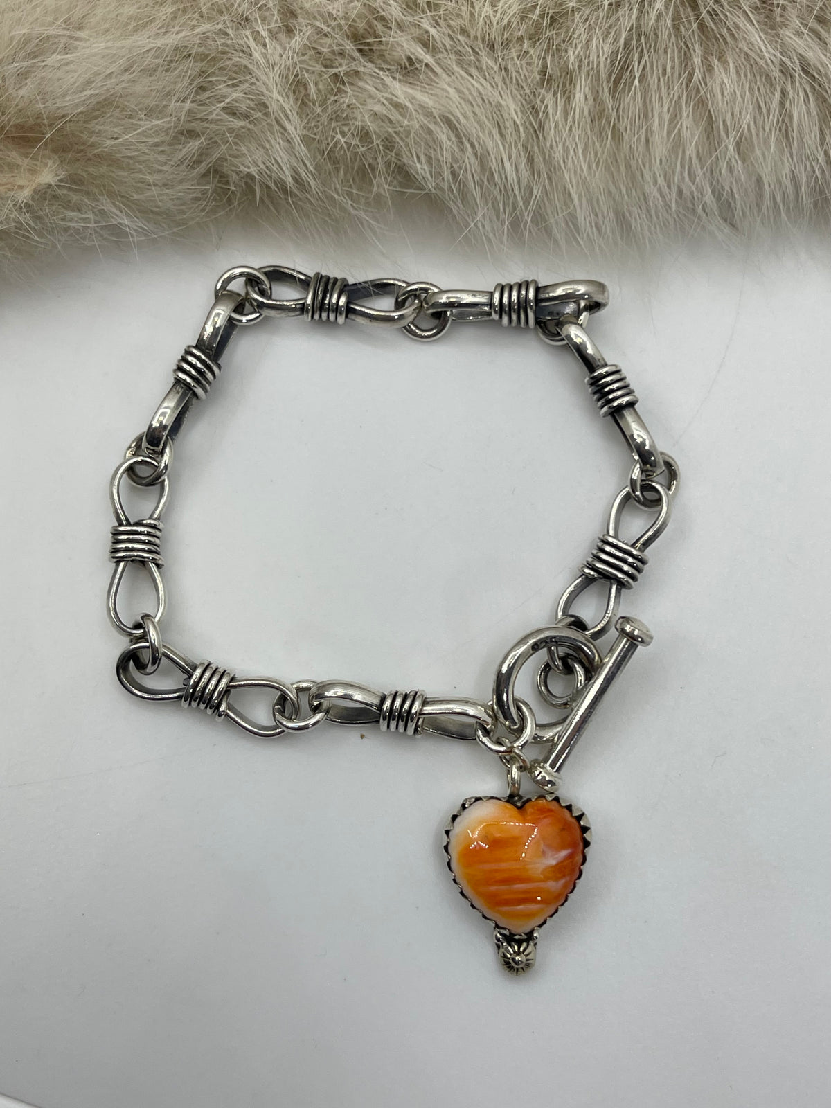 6.75” Orange Spiny Oyster Shell Heart Toggle Clasp Bracelet *Bezel Varies