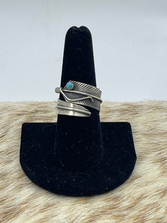 Adjustable Feather Ring with Turquoise by Chris Charley, Navajo