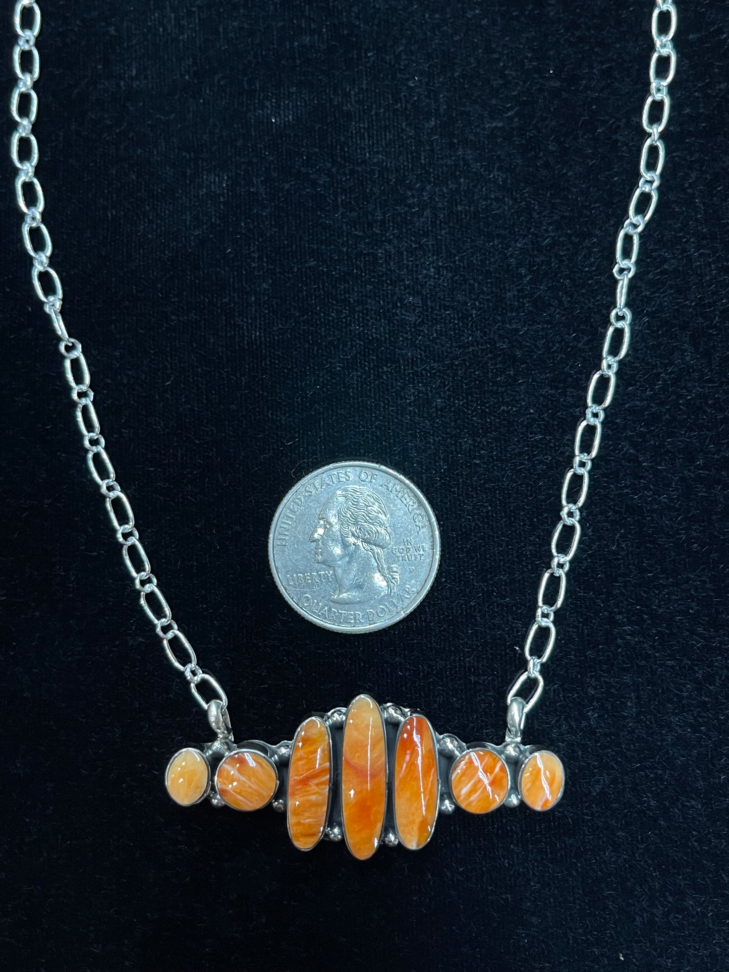 16" Orange Spiny Oyster Seven Stone Necklace by Kimberly Yazzie, Navajo