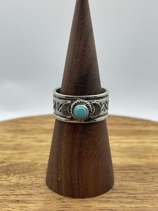 10.0 Turquoise Band Stamped Ring by Dylanee Reeves, Navajo