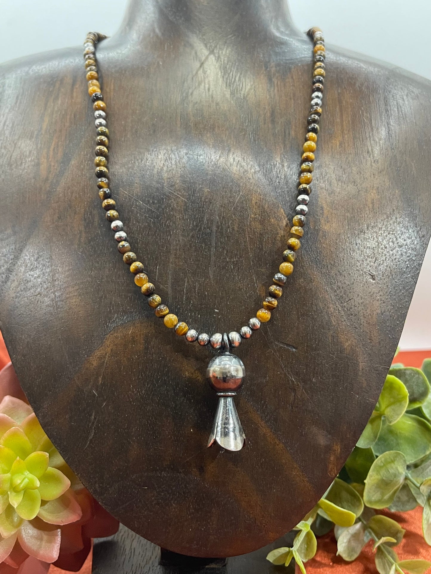 4.5mm 18" Tigers Eye Beads Necklace with Blossom