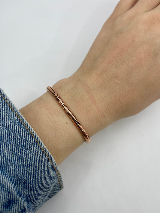 6''- 6.75'' Round Wire Stamped Copper Cuff By Elaine Tahe, Navajo