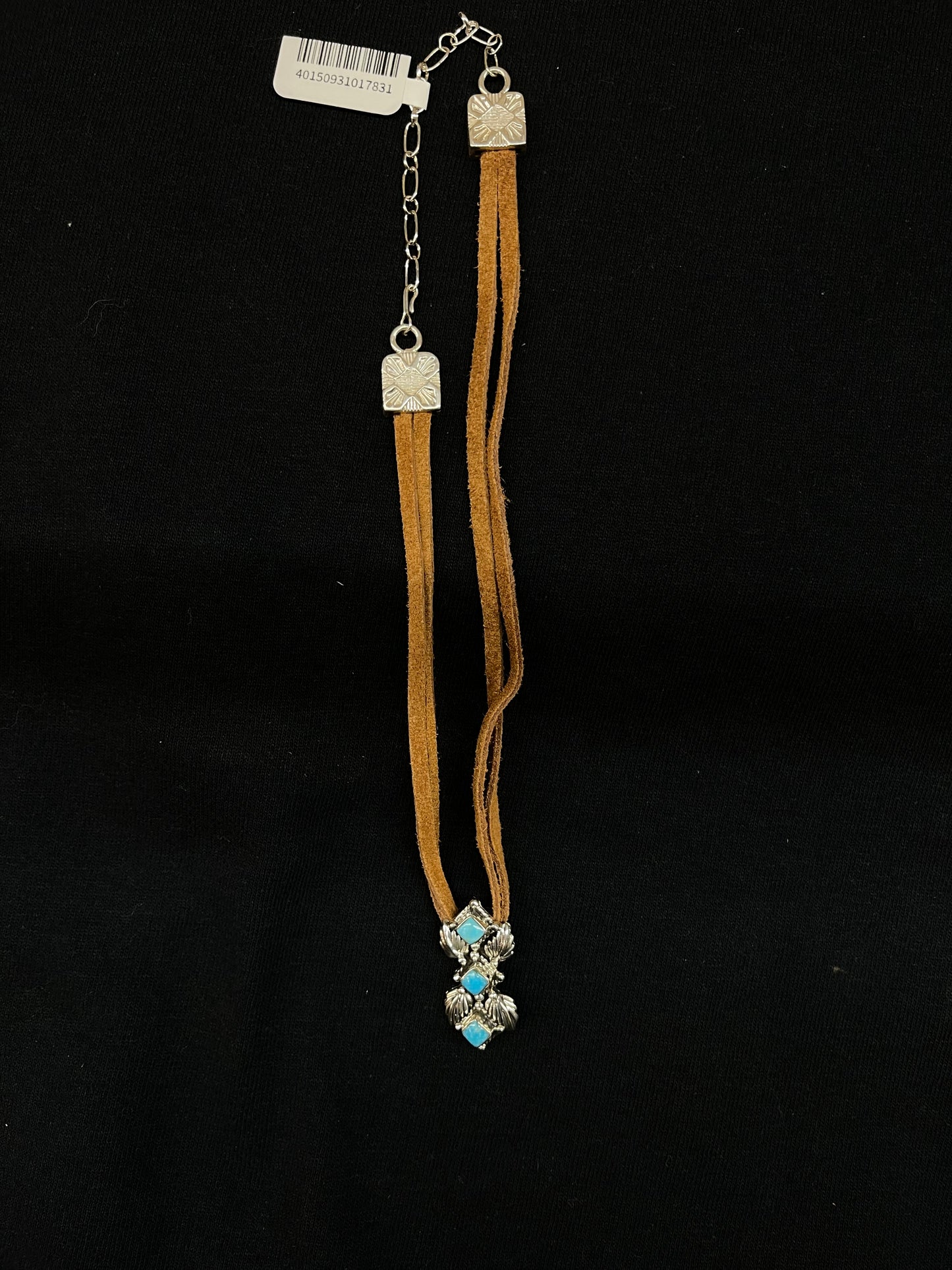 12"+3" Leather and Turquoise Necklace by Running Bear, Navajo