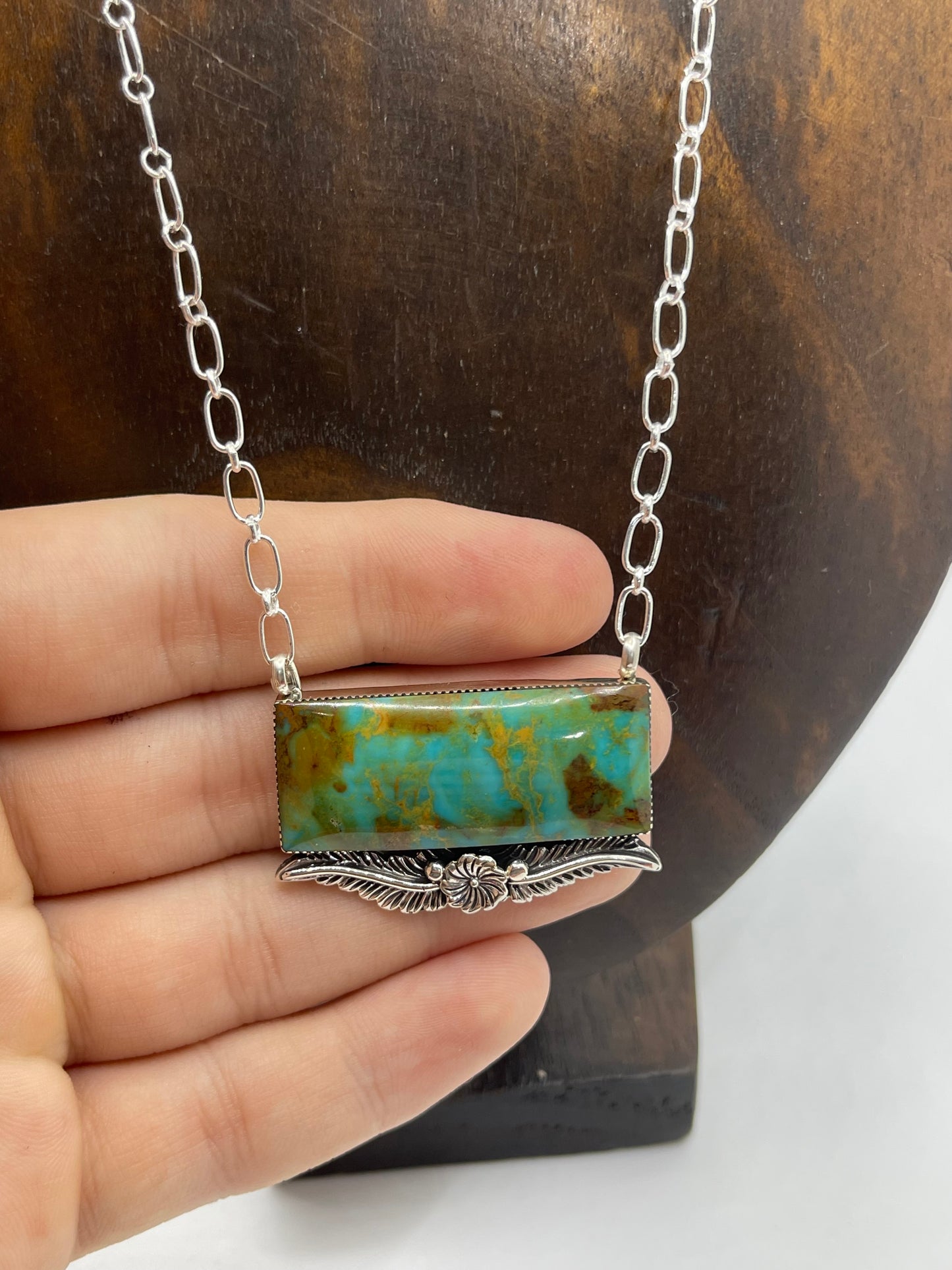 18" Royston Turquoise Bar with Flower & Feathers Necklace by Gregg Yazzie, Navajo
