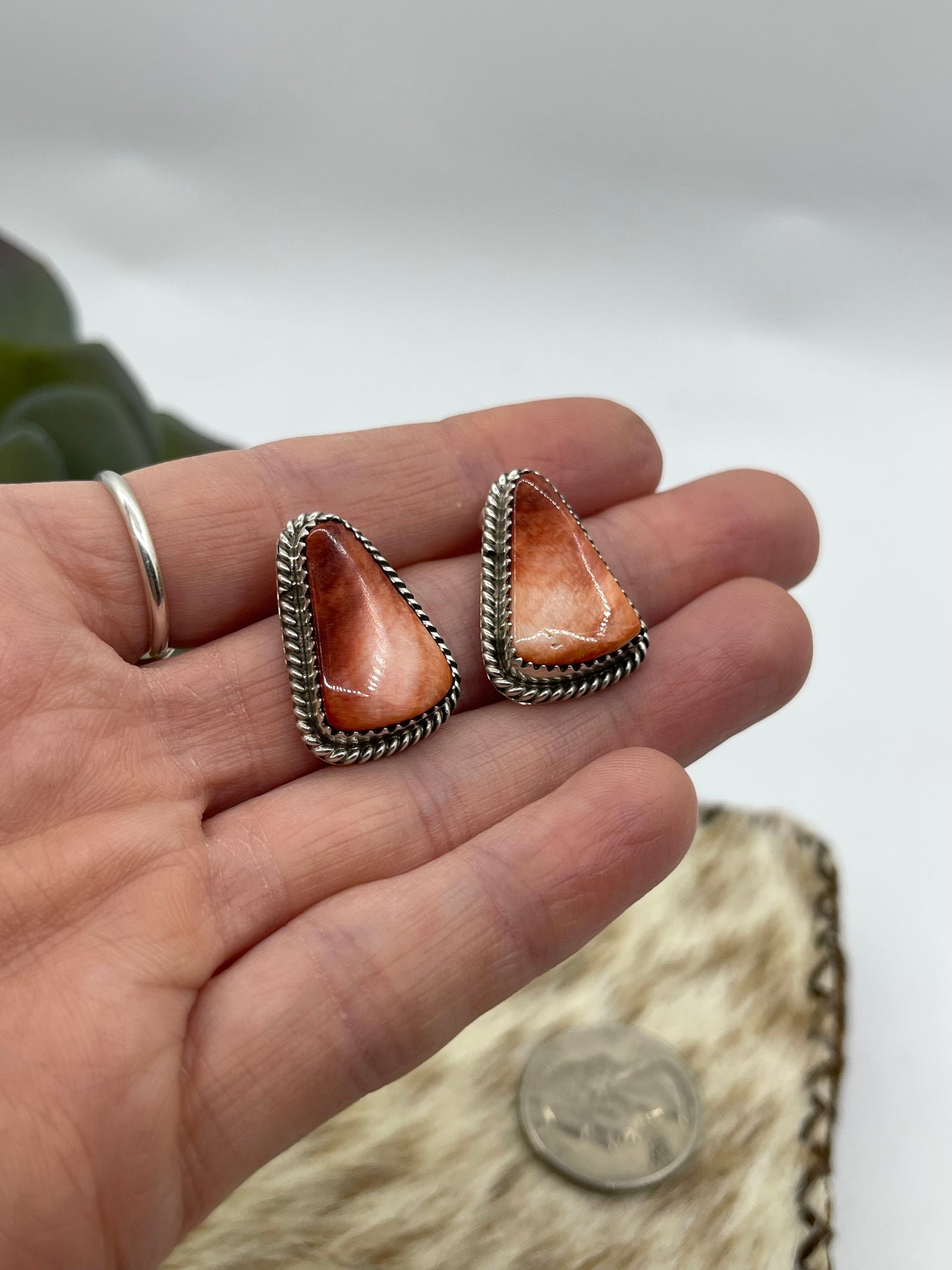 Orange Spiny Oyster Sell Triangle Post Earrings by Virginia Becenti, Navajo