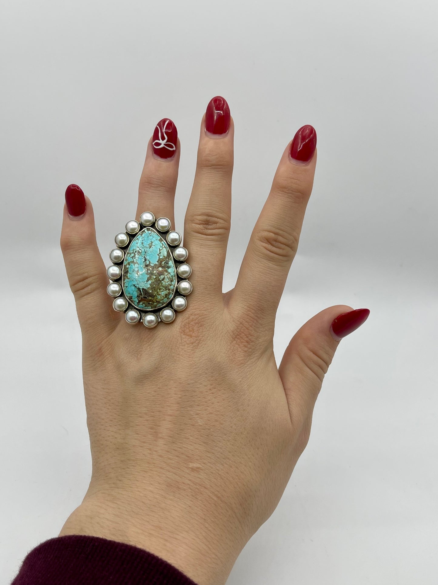 Adjustable Teardrop Kingman Turquoise And Freshwater Pearl Ring