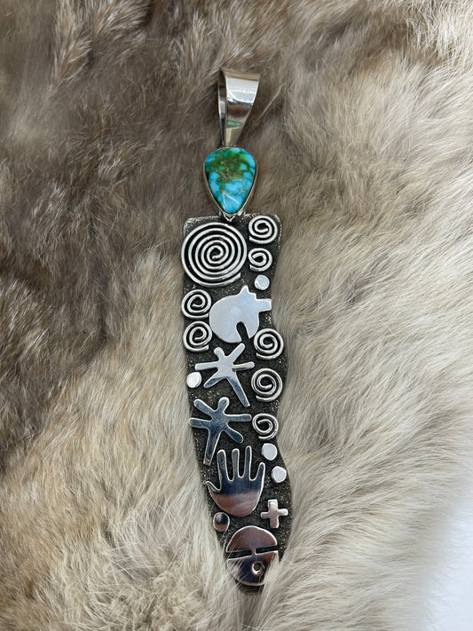 Grandma Petroglyph Pendant with Kingman Web Turquoise by Alex Sanchez, Navajo