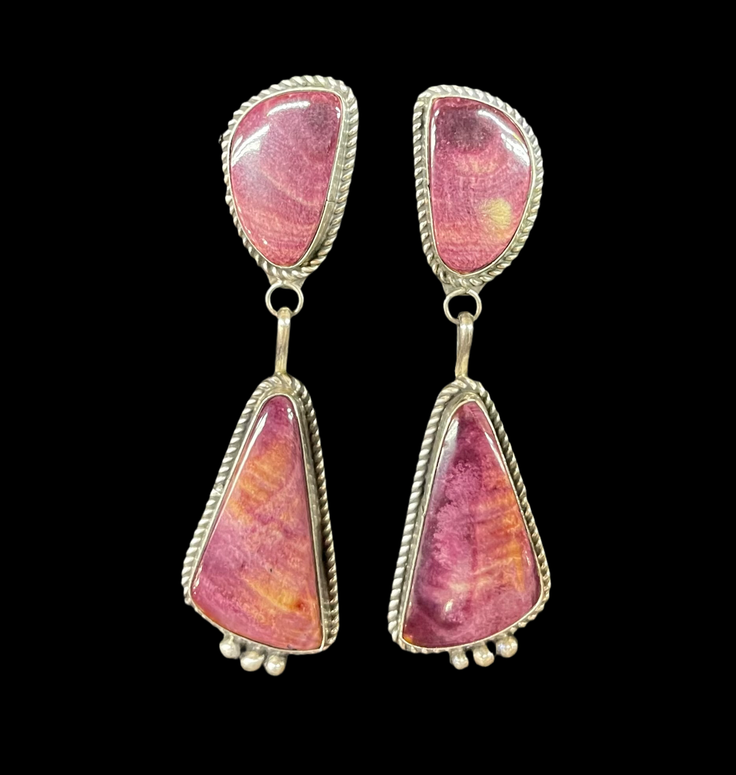 Purple Spiny Oyster Shell 2-Stone Post Dangle Earrings by Judith Dixon, Navajo