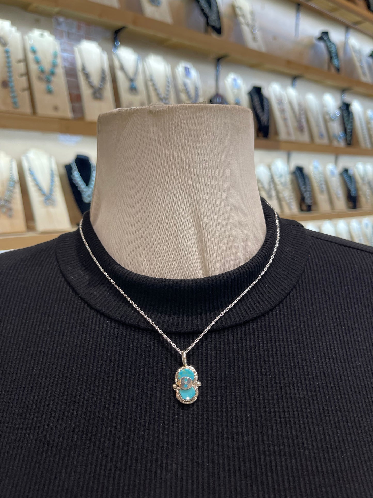 18" Chain 2 Stone Turquoise Snake Pendant 6.2 mm bale by Joy Calavaza, Zuni