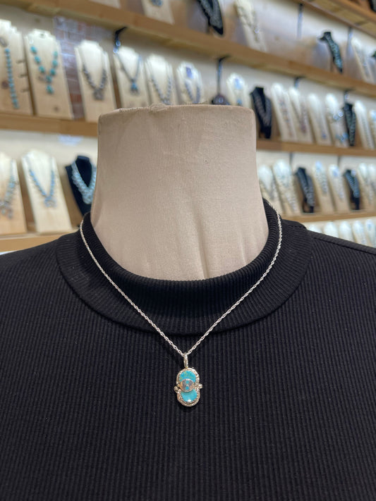 18" Chain 2 Stone Turquoise Snake Pendant 6.2 mm bale by Joy Calavaza, Zuni