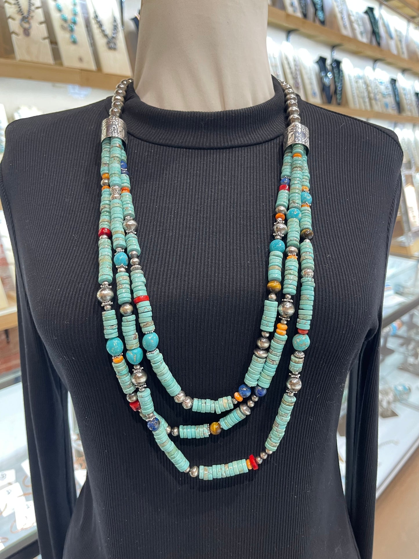 30" 3 STRAND HEISHI BEAD NECKLACE ON 10MM NAVAJO STYLE PEARLS MULTI STONE