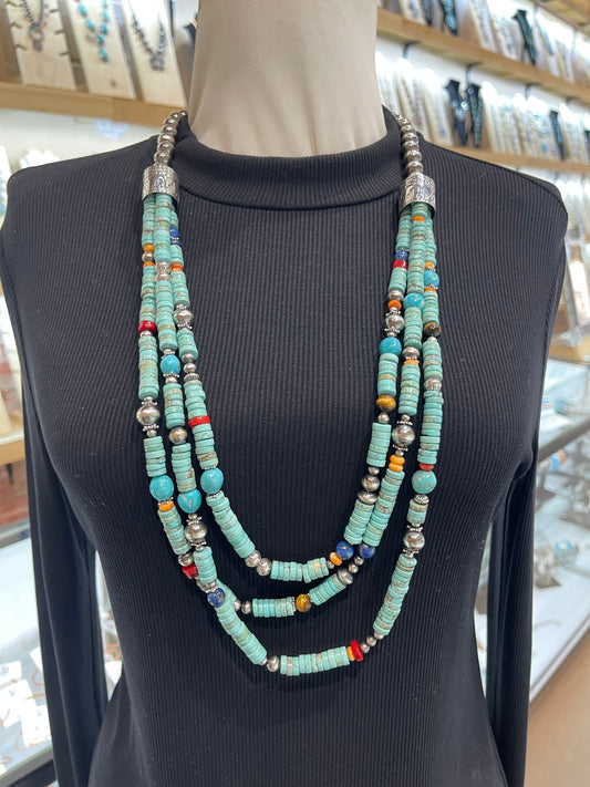 30" 3 STRAND HEISHI BEAD NECKLACE ON 10MM NAVAJO STYLE PEARLS MULTI STONE