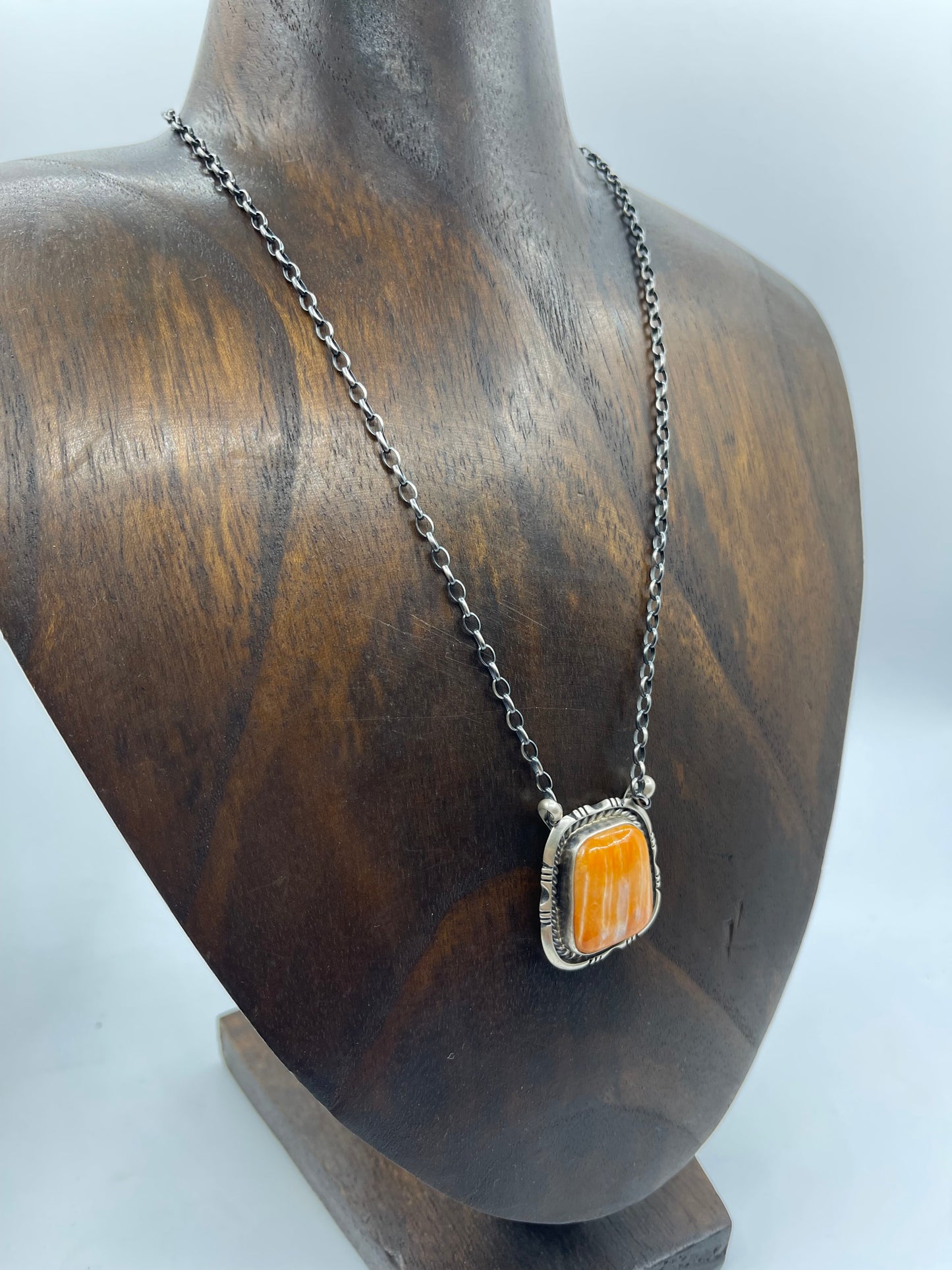 16" Orange Spiny Oyster Shell Square Necklace by Alfred Martinez, Navajo