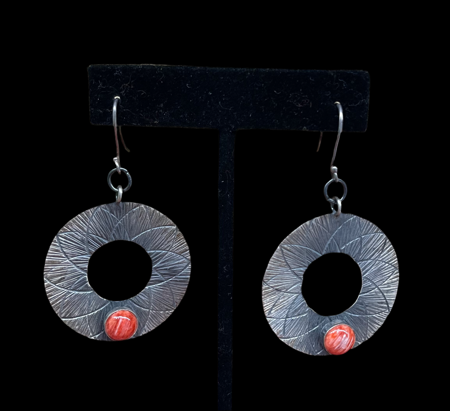 Sterling Silver and Red Spiny Oyster Shell Hoops Dangles