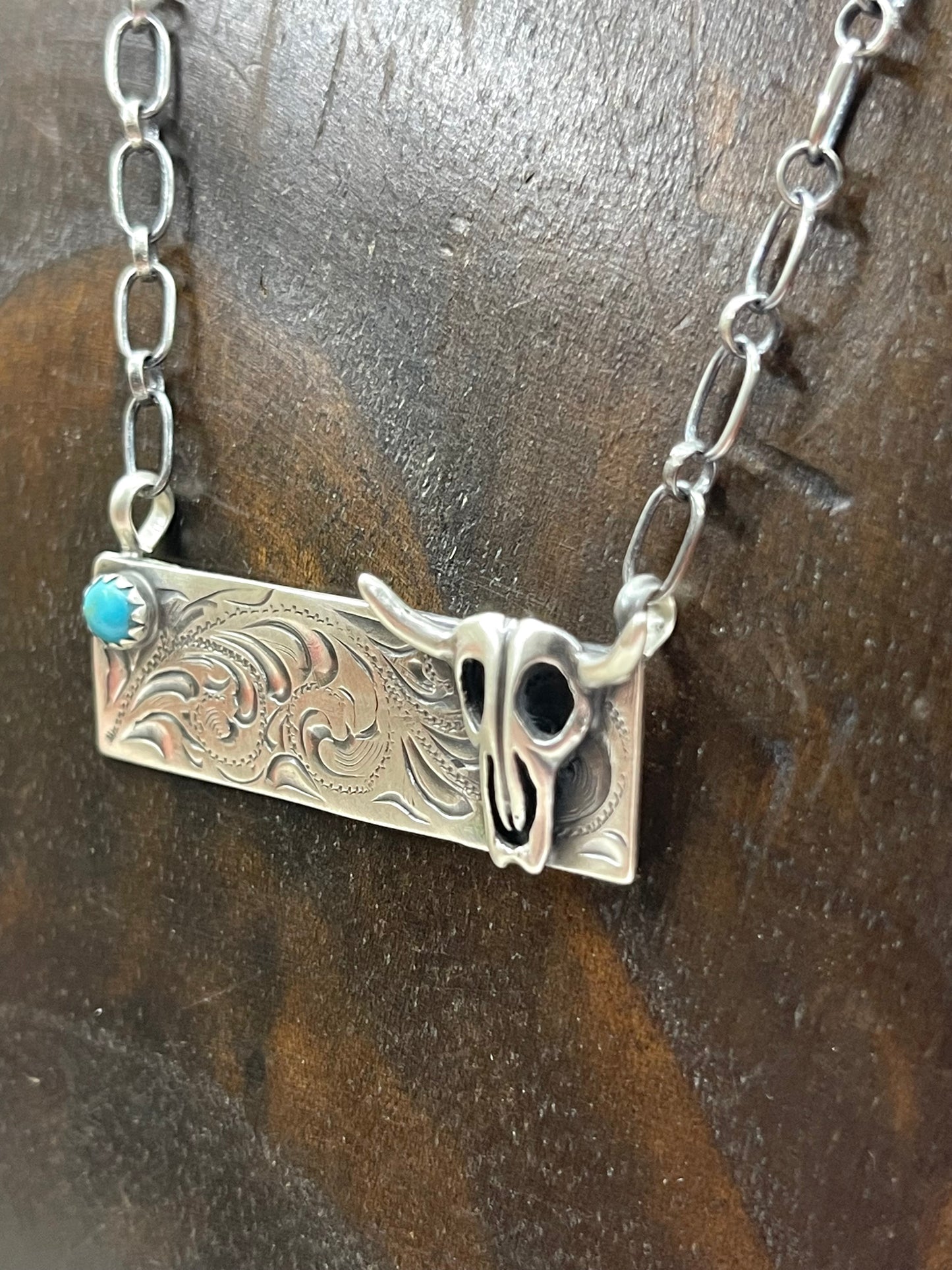 18" Engraved Turquoise Skull Bar Necklace by Annette Martinez, Navajo