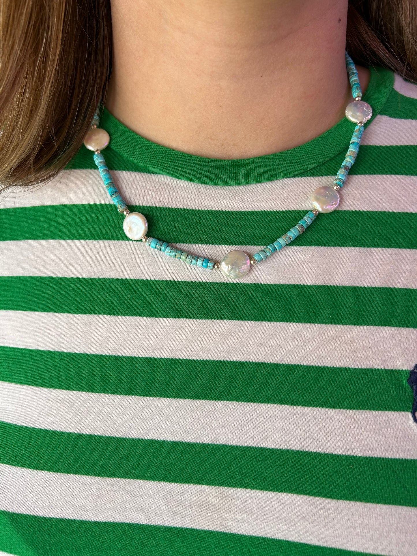 18" Turquoise Heishi with Fresh Water Pearls Necklace