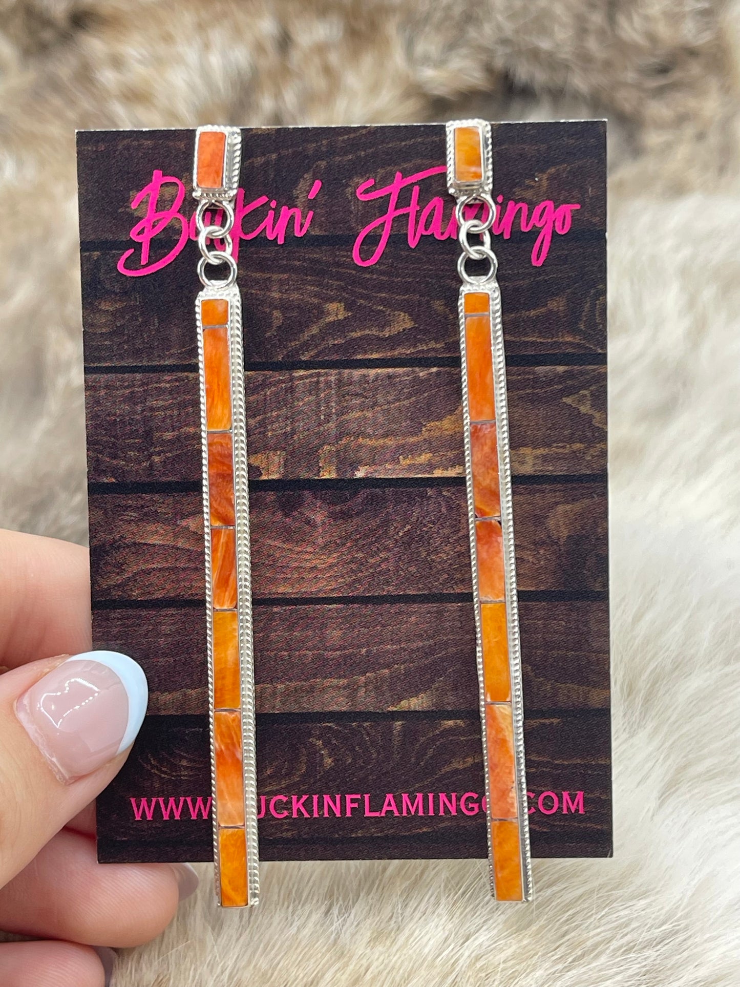 Orange Spiny Oyster Long Inlay Dangle Earrings by Kayla Concho, Zuni