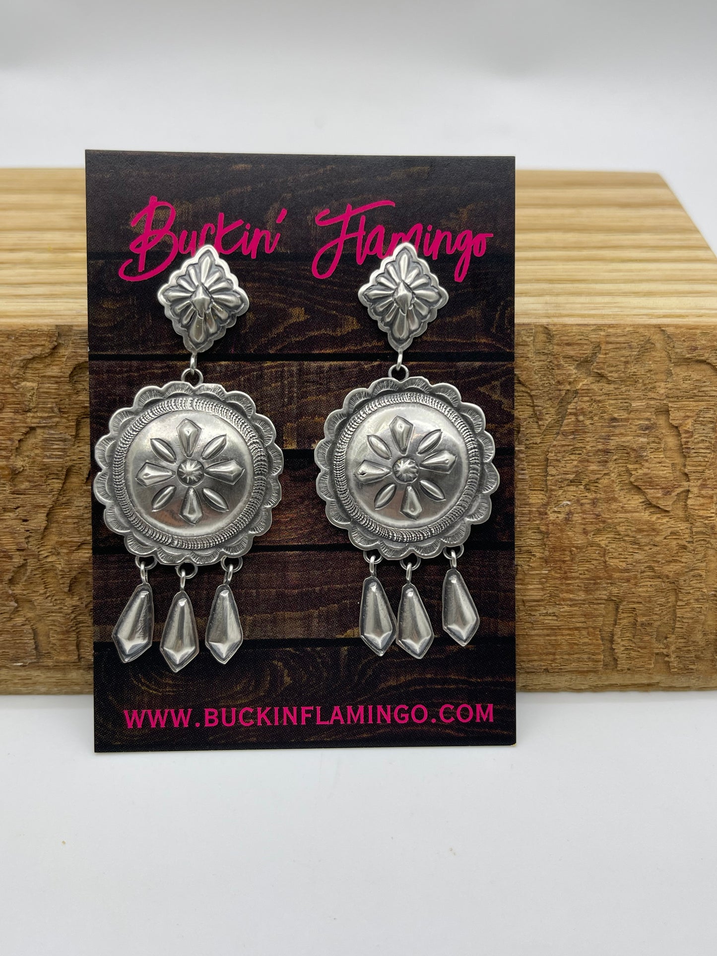 Silver Double Concho with Fringe Post Dangle Earrings by Terry Charlie, Navajo