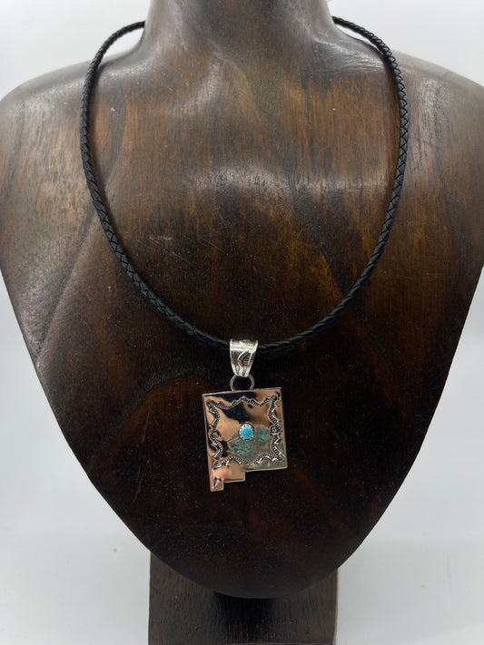 Turquoise New Mexico Pendant Necklace with Leather Chain by Brandon Belin, Navajo