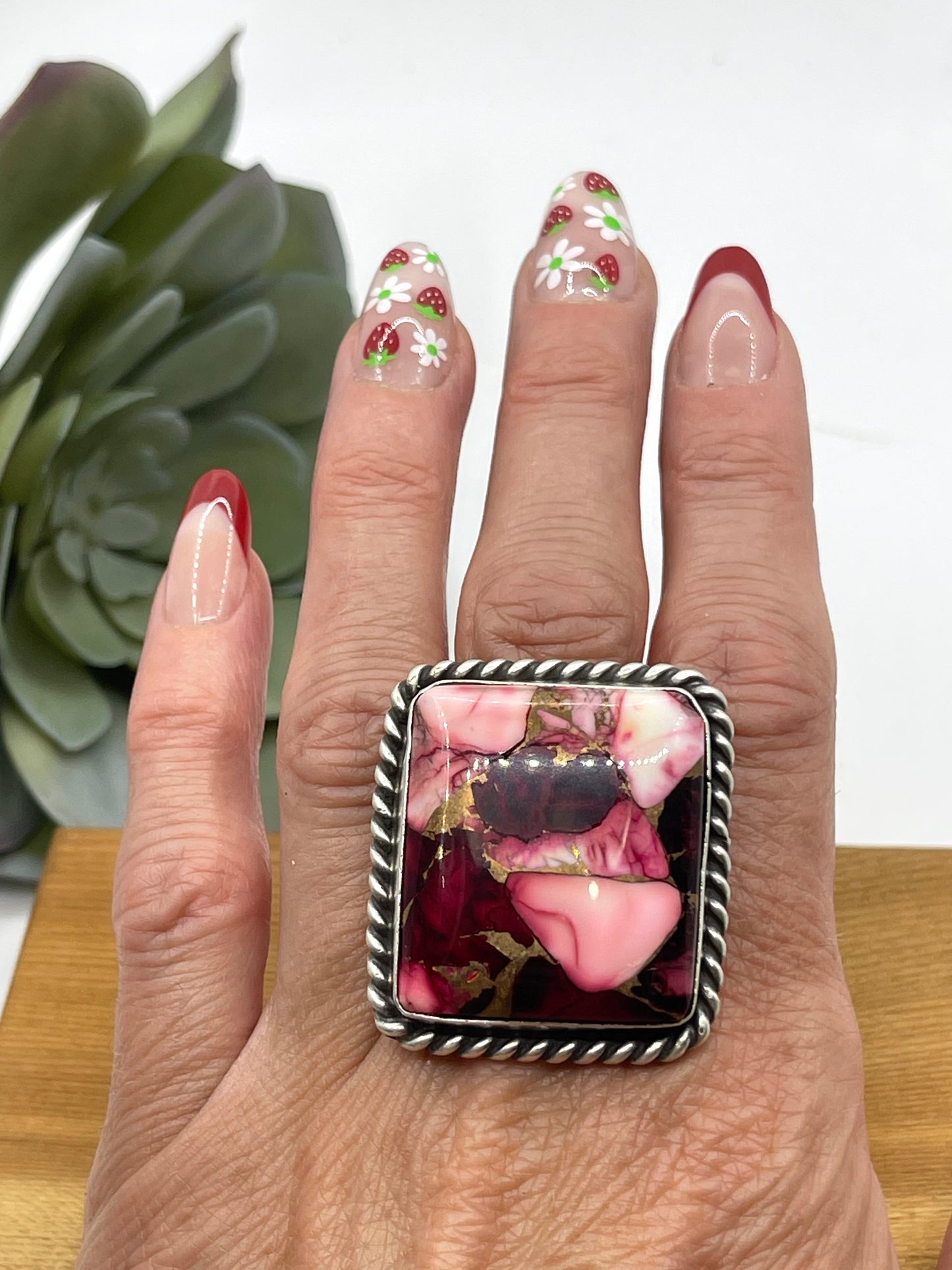 Adjustable 6.0-11.0 Dahlia Rose Square Ring by Augustine Largo, Navajo