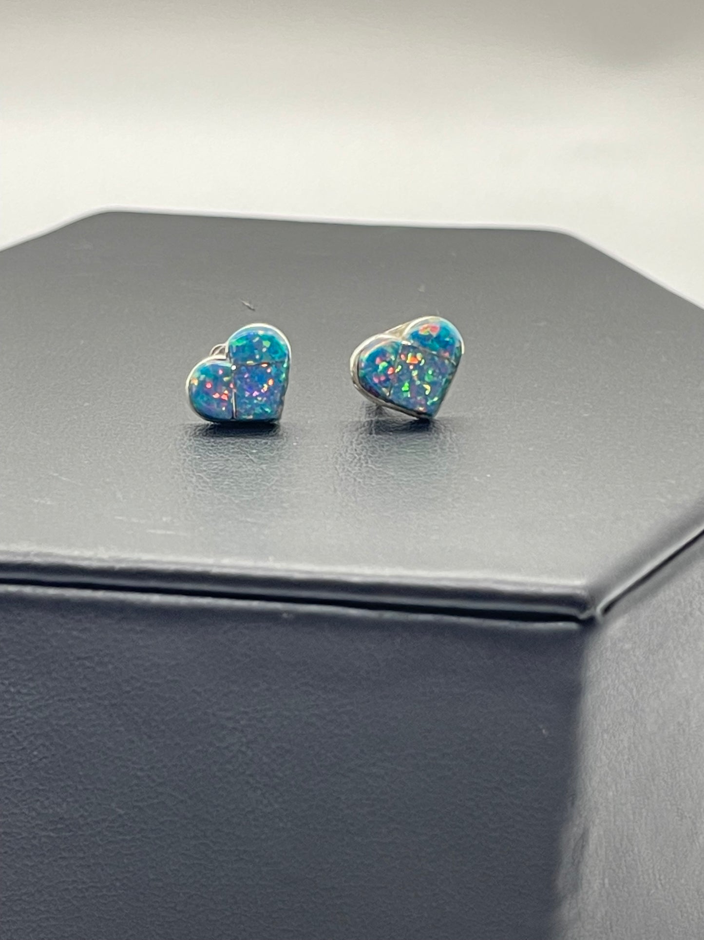 Dainty Blue Opal Heart Earrings by Linda Chavez, Zuni