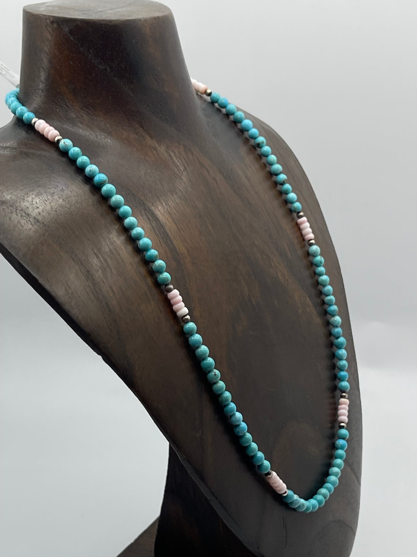 20 1/2" Turquoise, Navajo Pearls, and Pink Conch Shell Necklace by Tammy Nolcott, Navajo