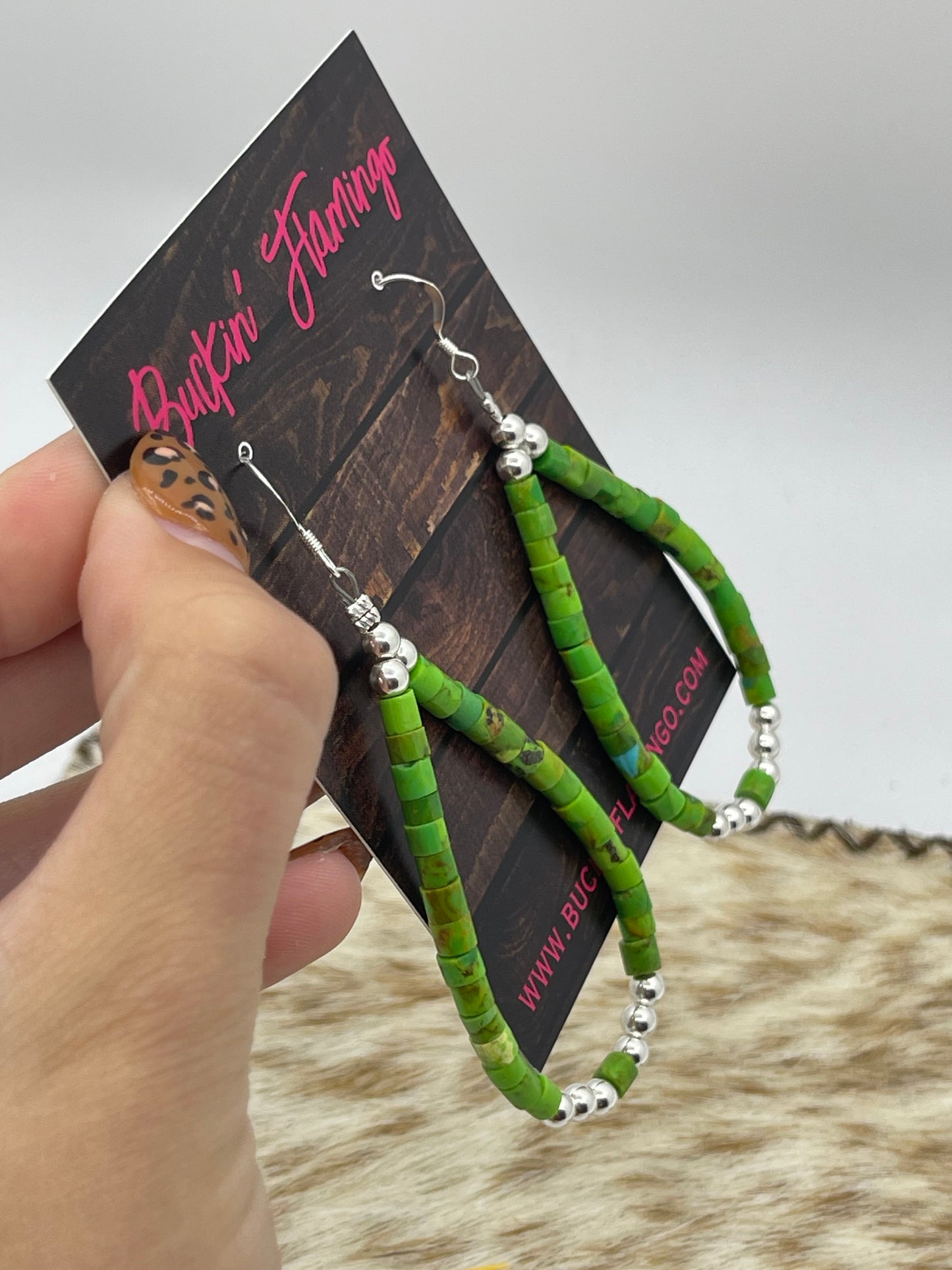 Beaded Green Mohave and Silver Teardrop Dangle Earrings by Grace Kenneth, Navajo