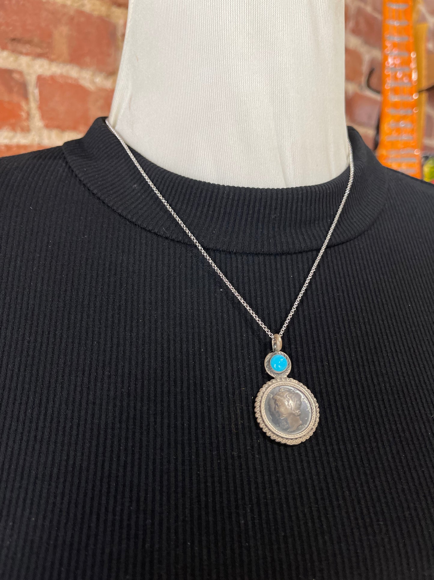 18" Silver Dime with Turquoise Stone Pendant Necklace with a 4mm Bale
