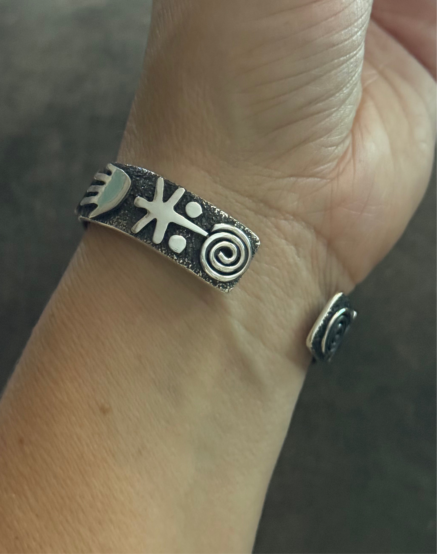 Petroglyph Cuff with Sonoran Gold Turquoise by Alex Sanchez, Navajo (narrow)